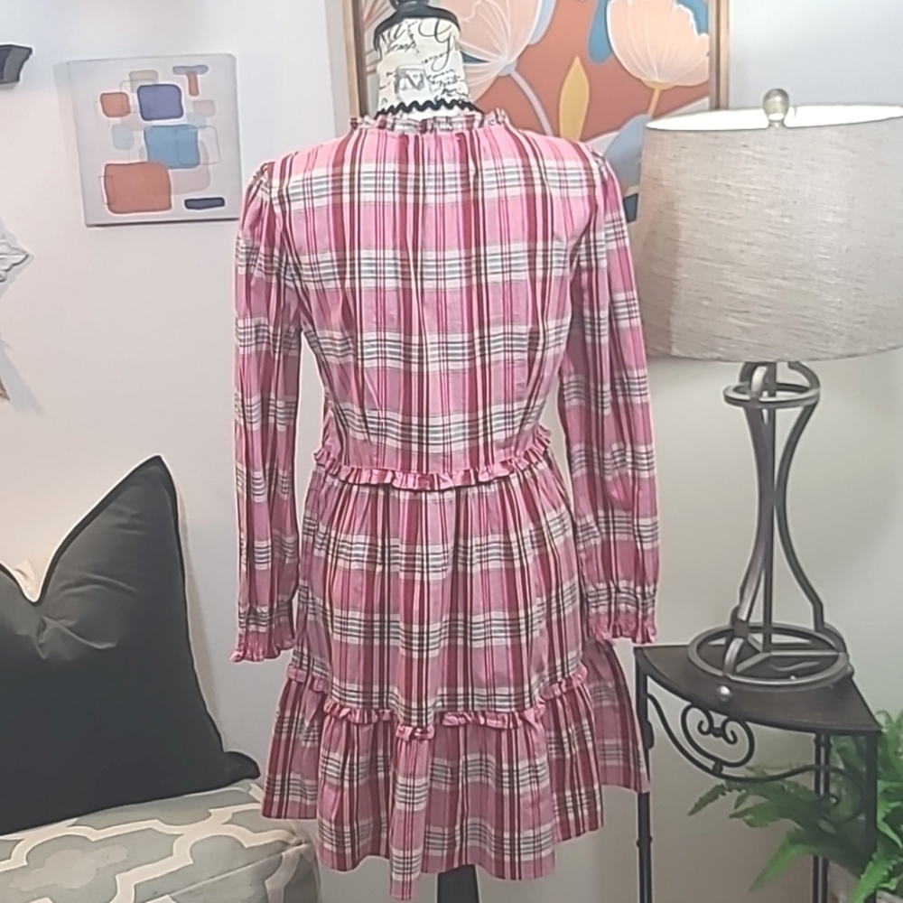J Crew NWT Plaid Mini Dress Ruffle Trim Sweet Briar Marine Salt Pink - Picture 4 of 10
